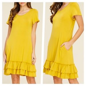 Short Sleeve Ruffle Layer Dress in MariGold Mustar